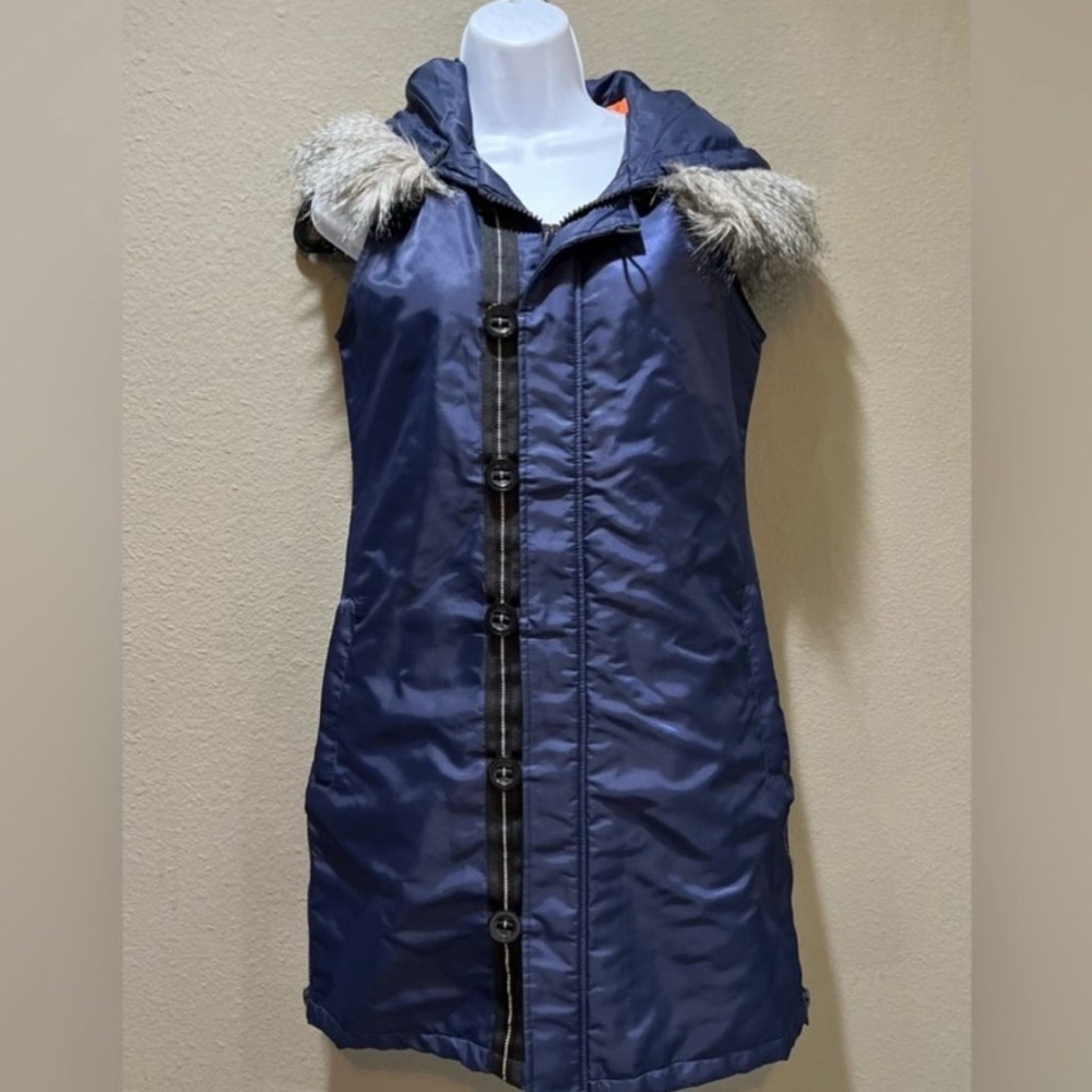 Women's Anorak Navy Hooded Long Vest with Faux Fur Trim Size Xs